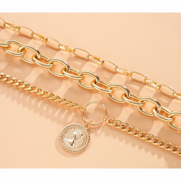 Gold Tone 3 Separate Strand Large Statement Necklace - Picture 3 of 5